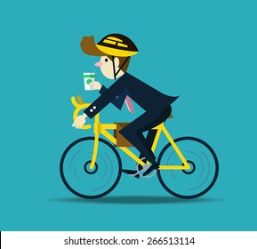 Businessman Cycling To Work. Flat Design Character. Vector