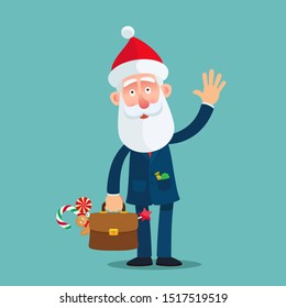Businessman, dad in Santa costume and christmas sweets candy in a briefcase. Christmas celebration in office or at home. Business vector illustration, flat design, cartoon style. Isolated background.