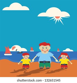 Businessman daddy at summer sea with twin boy and girl. Vector family concept tenth encapsulated postscript version.
