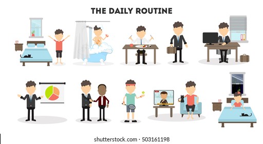 Businessman daily routine. Life schedule of a businessman from morning till night. Sleep, eating, working and activities.