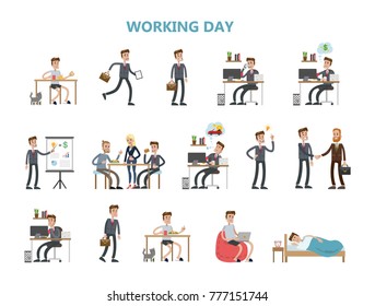 Businessman daily routine. Working in office and going home.