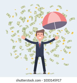 Businessman dances under money rain. Vector illustration in cartoon style.