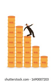 Businessman danger of falling on top of oil barrels. Concept of falling oil prices and decrease of petroleum costs due to the economy. Vector illustration.