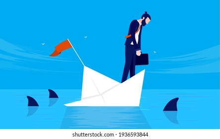 Businessman In Danger - Man On Sinking Ship With Sharks Swimming In Water. Business Crisis, Trouble And Problems Concept. Vector Illustration.