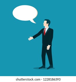 Businessman in dark blue suit and red tie says welcome speech bubble. Business man want handshake and talk