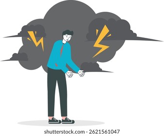 Empresário com nuvem escura de chuva relampejando sobre sua cabeça. Vetor, ilustração, plano

