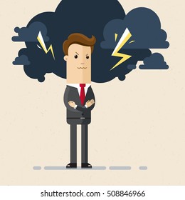 Businessman With Dark Cloud Rain Lightning Over His Head. Vector, Illustration, Flat