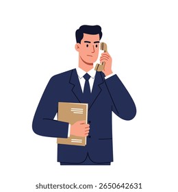 Un homme d'affaires en costume sombre tient un dossier et parle sur un téléphone à l'ancienne, semblant sérieux et concentré sur un appel d'affaires.