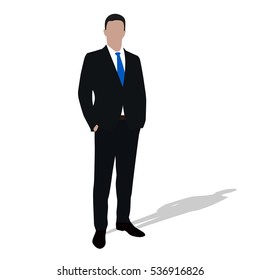 Businessman in dark suit standing with hands in pockets. Man is facing challenge. Abstract vector illustration