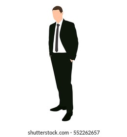 Businessman in dark suit standing with hands in his pockets, vector silhouette