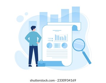 Businessman with data and magnifying glass trending concept flat illustration