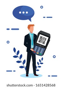 businessman and dataphone with scan code qr vector illustration design