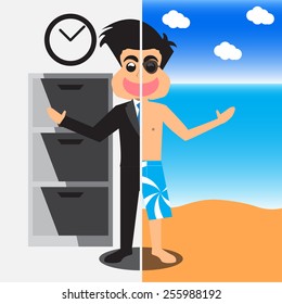 Businessman In Day Work And Day Relax. Vector Illustration
