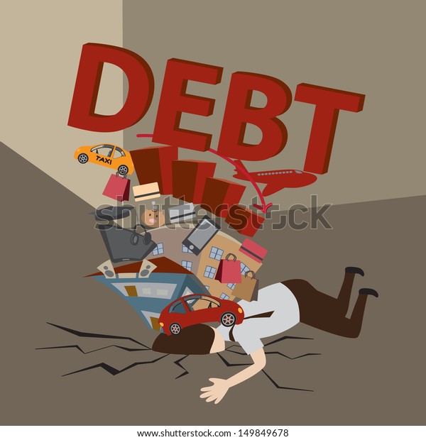 Businessman with\
Debt. Debt concept. Cartoon\
vector.