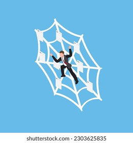 Businessman with debts stuck on spider web isometric 3d vector illustration concept for banner, website, illustration, landing page, flyer, etc