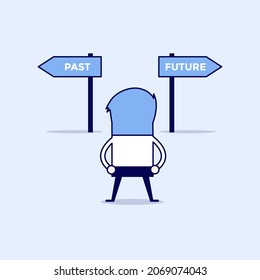 Businessman decision about past and future way. Cartoon character thin line style vector.