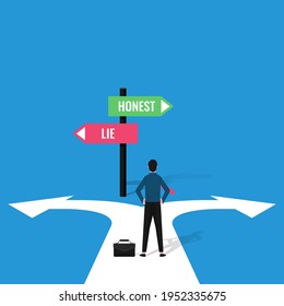 Businessman decision concept with signs of honest and lie vector illustration. 