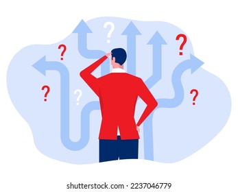 Businessman Decision Which Way at arrows pointing to many directions with question mark and think which way to go.. vector illustration.