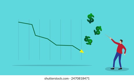 Geschäftsmann mit abnehmendem Dollargraph. Dollarverfall. Verluste von Unternehmen. Geringes Einkommen.