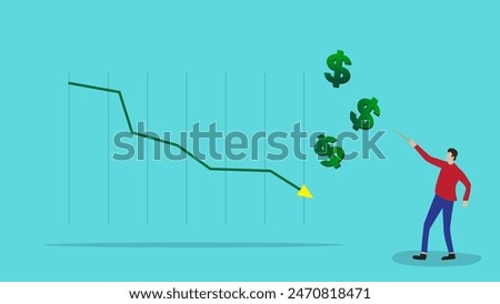 Businessman with declining dollar graph. Dollar decline. Company losses. Low income.