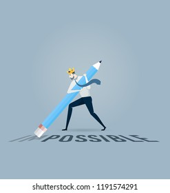 Businessman is deleting wording "im" from impossible with eraser on floor. 