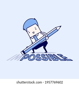 Businessman is deleting wording "im" from impossible with eraser on floor. Cartoon character thin line style vector.
