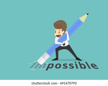 Businessman is deleting wording "im" from impossible with eraser on floor.Business young cartoon of success concept is man character.businessman emotions moving include icon of man.Vector Illustration