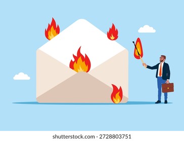 Businessman deliberately sets fire to envelope. Send e-mail. Spam. Office stress. Modern flat vector illustration.