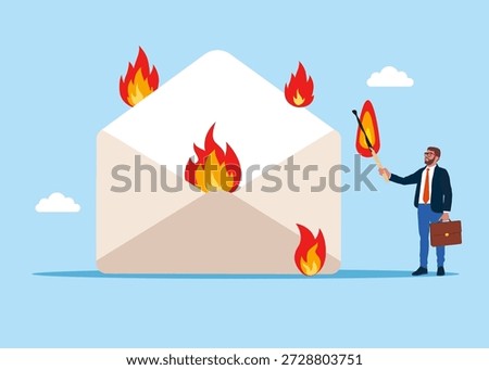 Businessman deliberately sets fire to envelope. Send e-mail. Spam. Office stress. Modern flat vector illustration.