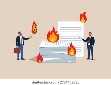 Empresário deliberadamente incendeia pilhas de documentos. Assinatura de um acordo de negócios em chamas.  Alta burocracia. Acúmulo de trabalho. Stress no escritório. Ilustração vetorial plana moderna.