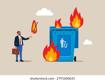 Businessman deliberately sets fire to trash can. Flat vector illustration.