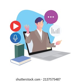 A businessman is delivering material in an ongoing webinar