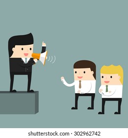 Businessman delivers a speech in front of subordinates. Vector illustration.