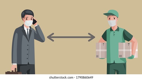 Businessman and delivery man wearing medical masks and maintain social distancing to prevent coronavirus spreading vector flat illustration. Quarantine and keep the distance banner concept.