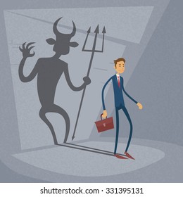 Businessman With Demon Shadow Wall Behind Business Concept Vector Illustration