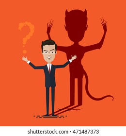 Businessman With Demon Shadow Wall Behind Business Concept , Vector illustration in flat, cartoon style isolated from the background, EPS 10