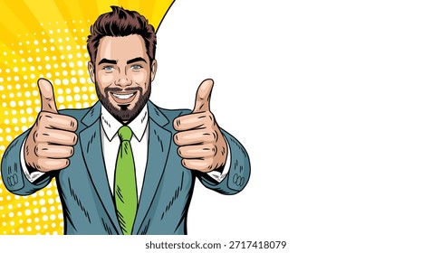 Ein Geschäftsmann demonstriert, dass mit einem leeren Banner alles in Ordnung ist. Pop Art Cartoon.