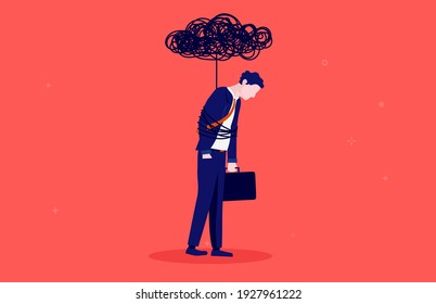 Businessman Depression - Man Tied Up With Black Cloud From Overwork. Brain Fog And Depression Concept. Vector Illustration.