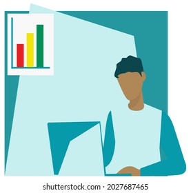Businessman designer sitting at table and using laptop. Freelance work concept. Front view. Design element for banner Vector illustration on white background