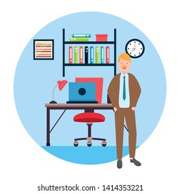 businessman desk chair laptop bookshelf lamp picture office workspace vector illustration