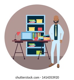 businessman desk chair laptop bookshelf books coffee cup office workspace vector illustration