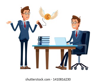 businessman in a desk with computer and books think about a bank vector illustration graphic design