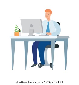 empresario con escritorio y ordenador en el lugar de trabajo diseño de ilustración vectorial