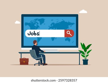 Businessman at desk looking at large computer screen and is looking for career or job search, seek for vacancy or work position. Flat vector illustration.