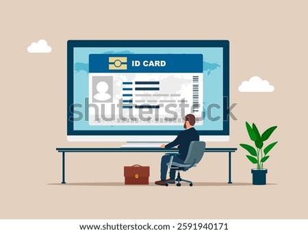 Businessman at desk looking at large computer screen with on ID card. Isometric Personal business card. Modern vector illustration in flat style.