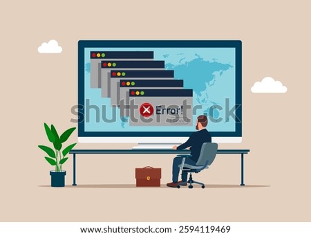 Businessman at desk looking at large computer screen with Error message computer window alert popup logo design. Simple Browser window. Error page template. Error file not found on website page. 