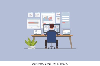 Businessman at a desk with multiple screens displaying graphs, charts, and analytical data character vector illustration design. Data Analysis concept.