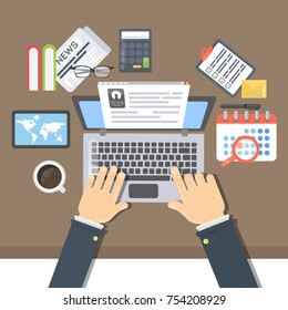 Businessman desk top view. Typing on computer, coffee cup and calculator.
