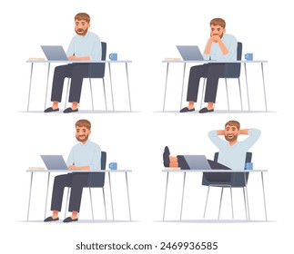 Businessman at desk working on a laptop. Full length man sits at his desktop. Deadline, hard work, successful deal. Vector illustration in cartoon style