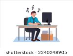 Businessman with desktop computer listening music wearing headphones